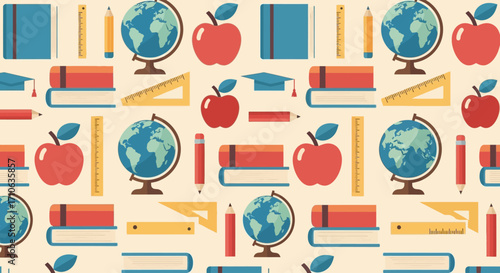 A vibrant, repeating pattern of educational icons including globes, apples, books, rulers, pencils, and graduation caps on a light background.