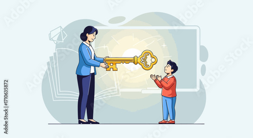 A female educator hands a glowing golden key to a young boy, representing the unlocking of knowledge and future opportunities in a learning setting.