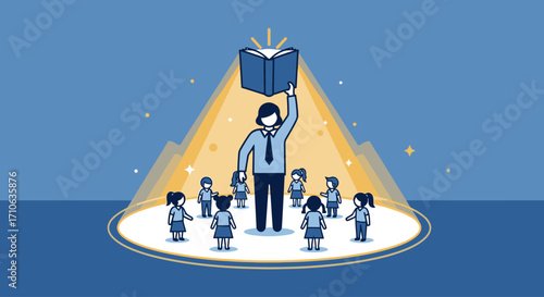 An inspiring teacher holds a glowing book of knowledge for a group of curious children in a bright spotlight.