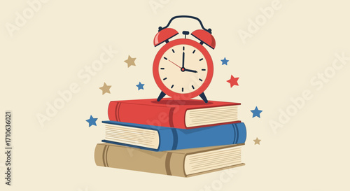 Red alarm clock atop a stack of books, signifying education, time management, or back-to-school.