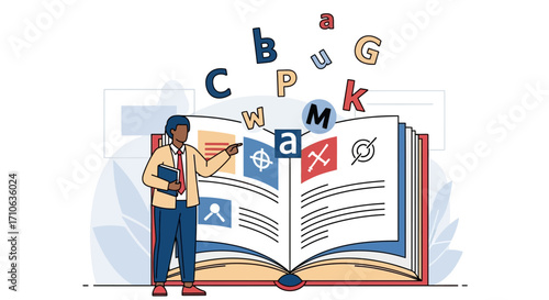 Person explaining concepts from an open book, surrounded by floating letters and icons.
