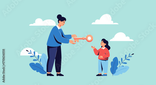 Woman handing a key to a child, symbolizing empowerment and trust.