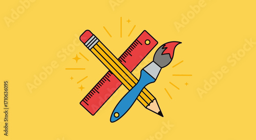 Illustration of a pencil, ruler, and paintbrush crossed over each other, radiating light on a yellow background.