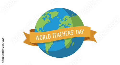A flat vector illustration of the Earth globe with a golden banner celebrating World Teachers' Day.
