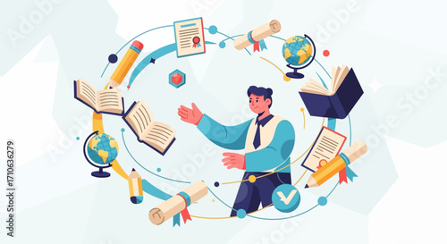 An illustration of a person surrounded by educational elements like books, globes, diplomas, and pencils, suggesting knowledge and learning.
