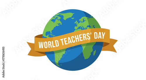 World Teachers' Day logo featuring a stylized globe and ribbon.
