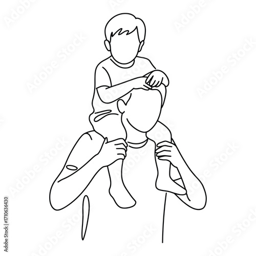 Father carries son on shoulders black white sketch line art happiness family bond