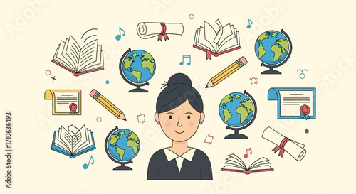 Smiling student surrounded by books, globes, diplomas, and pencils, symbolizing education and global learning.