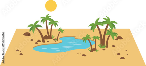 A vibrant cartoon illustration of a desert oasis with palm trees, a blue pond, and a bright sun in the sky.