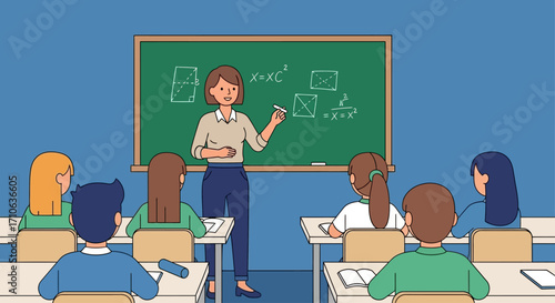 A female teacher explains a geometry lesson on a chalkboard to young students sitting at desks in a classroom.