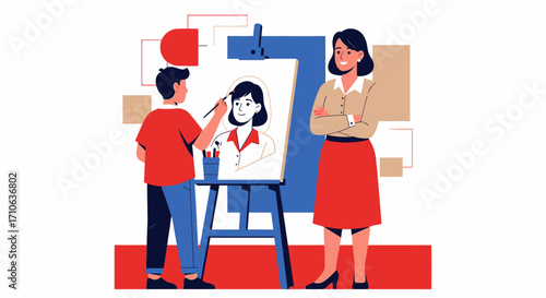 A young boy painting a portrait of a smiling woman posing next to an easel in a creative art class.