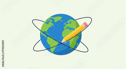 A yellow pencil orbits a stylized globe, symbolizing global education and international communication.
