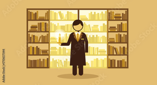 A librarian, illuminated by candlelight, stands amidst towering bookshelves in a warm, inviting library.
