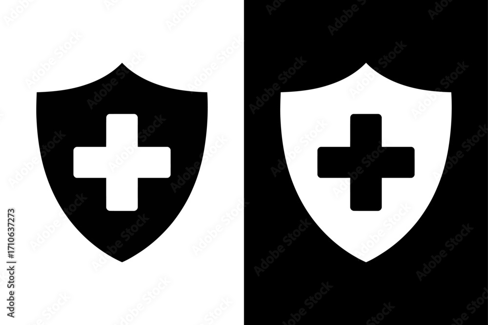 Fototapeta premium black and white Medical shield, health protection symbol icon Silhouette vector style