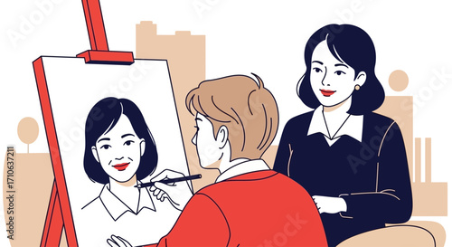 An artist skillfully sketches a portrait of a smiling woman while she stands attentively, with a city skyline visible in the background.