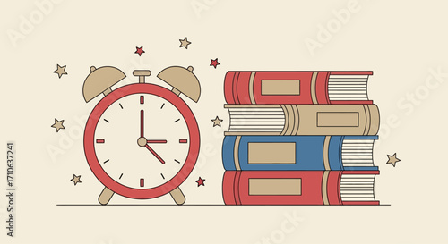 A classic red alarm clock with a circular face and two bells sits beside a stack of four colorful books, with small, scattered stars in the background.
