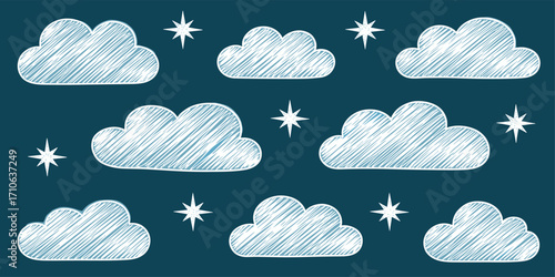 Whimsical hand-drawn clouds and sparkling stars create a serene and dreamy night sky pattern, perfect for decorative backgrounds or child-friendly designs