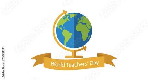 A stylized illustration of a globe on a stand, with a ribbon banner below displaying "World Teachers' Day" in text.