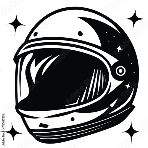 Black silhouette shows person wearing helmet and mask with a white background