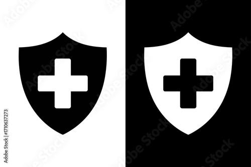black and white Medical shield, health protection symbol icon Silhouette vector style