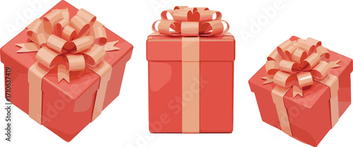 Festive Array Three Red Gift Boxes with Elegant Peach Ribbons for Celebrations