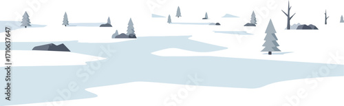 A minimalist illustration of a serene winter landscape with snow-covered ground, frozen water, and scattered trees.