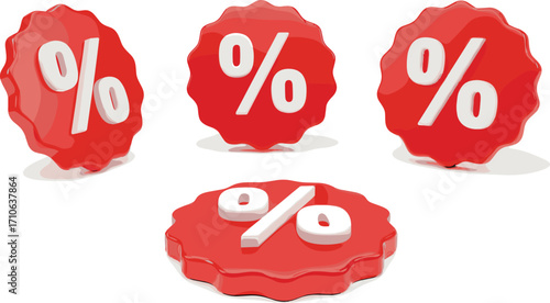 Discount Sale Red Badges with Percentage Symbols on White Background for Promotions and Offers