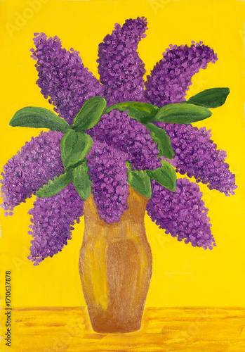 Violet lilac in vase on yellow background oil painting