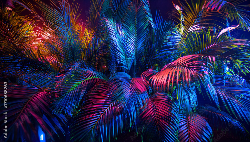 Fototapeta premium Vibrant Tropical Foliage Illuminated By Neon Lights Creating A Surreal And Evocative Atmosphere