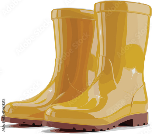 A vibrant pair of shiny yellow rain boots, perfectly designed for navigating through wet weather, gardening tasks, or any outdoor adventure requiring sturdy foot protection