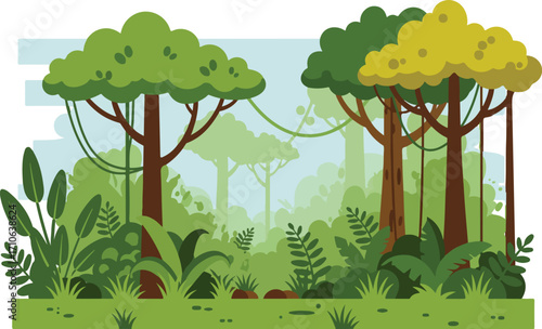 Lush green rainforest landscape with tall trees and vibrant vegetation.
