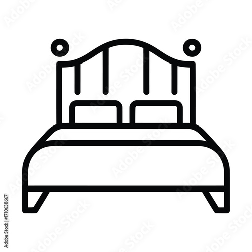 Simple outline icon of a comfortable bed with pillows and headboard