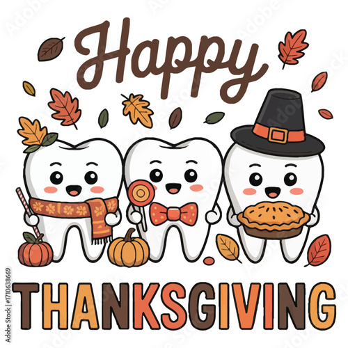 A cute cartoon illustration of three anthropomorphic tooth characters on a white background with fall-themed decorations. The text "Happy Thanksgiving" is above the picture