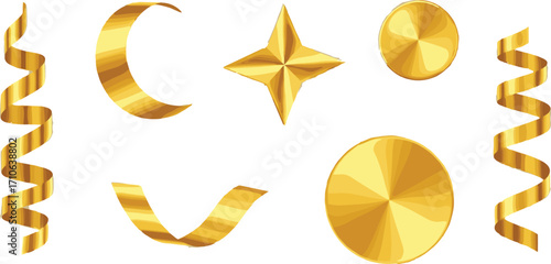 Radiant collection of golden festive elements including shimmering ribbons, elegant crescent moon, gleaming star, and shining metallic discs, ideal for luxurious celebration designs
