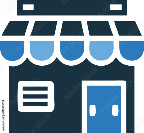 Blue toned retail shop facade with door and window is displayed