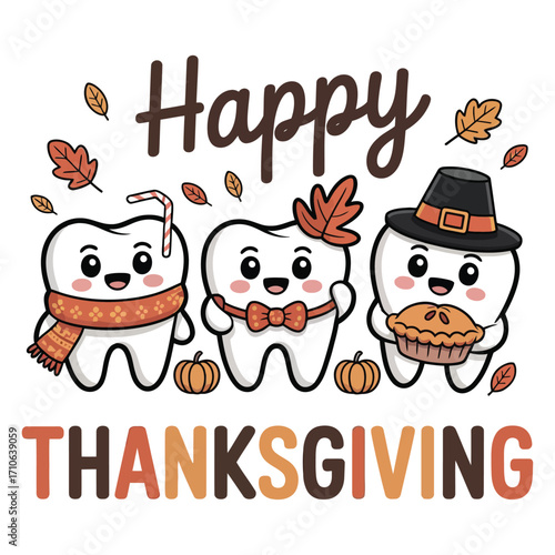A cute cartoon illustration of three anthropomorphic tooth characters on a white background with fall-themed decorations. The text "Happy Thanksgiving" is above the picture