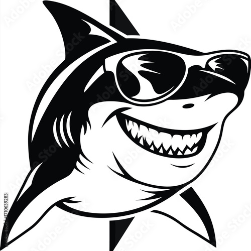 Bold black and white shark sports cool sunglasses displaying a toothy grin here