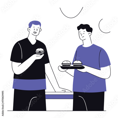 Two Men Sharing Burgers Food Illustration Friendly Casual Lunch on White Background