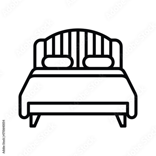 Simple line art icon of a cozy bed with pillows and headboard