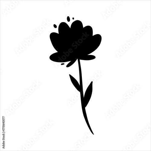 Single stylized silhouette of a flower with stem and leaves on a white background, a delicate and simple artistic representation