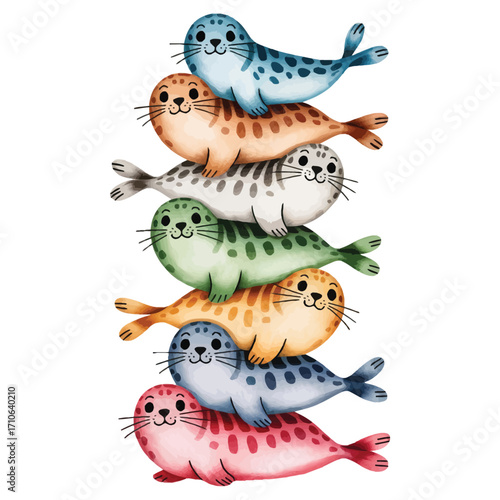 A vibrant and minimal watercolor illustration featuring a stack of beautiful, comical seals. The seals are drawn in a playful and endearing manner, each with their own unique expression.