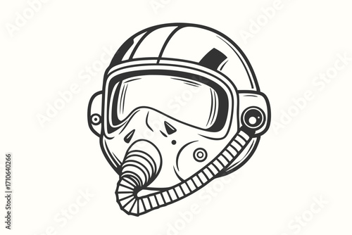 Bold outline of a vintage pilot helmet complete with breathing mask is centered
