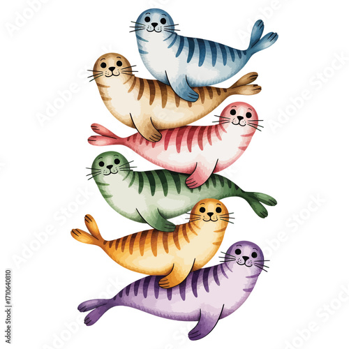 A vibrant and minimal watercolor illustration featuring a stack of beautiful, comical seals. The seals are drawn in a playful and endearing manner, each with their own unique expression.