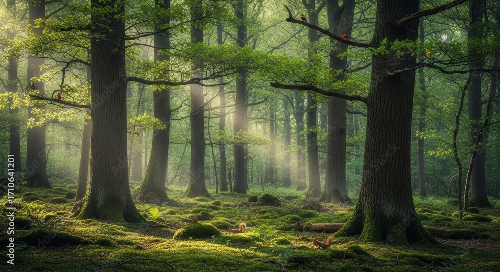Fototapeta premium A serene forest scene with tall trees, lush green foliage, and soft sunlight filtering through the leaves. Moss covers the ground, creating a tranquil atmosphere.