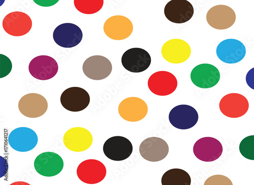 Vibrant seamless pattern of colorful polka dots scattered on a clean white background