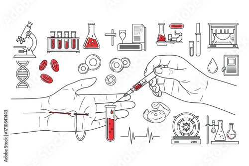 Medical Science and Blood Donation Icons with Detailed Illustrations Keywords: microscope, test tubes, rack, beaker, flask, pipette, syringe, blood, red blood cells, DNA