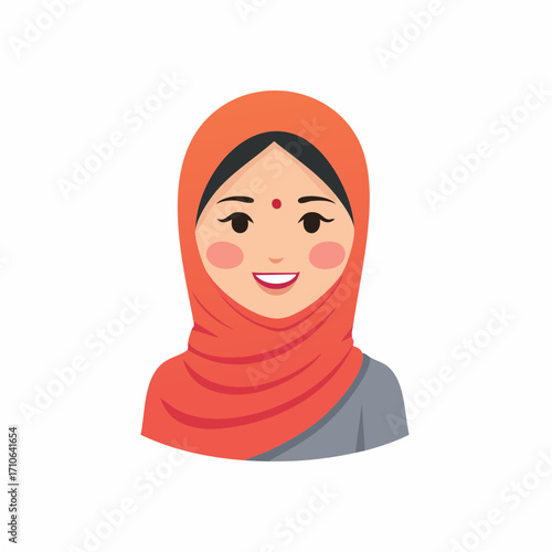Smiling Indian woman wearing bindi and headscarf portrait flat vector illustration