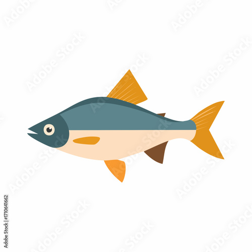 Stylized illustration of a blue and tan fish with orange fins swimming horizontally