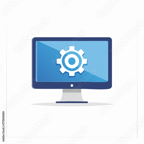 Computer monitor displaying a gear icon for settings and configuration