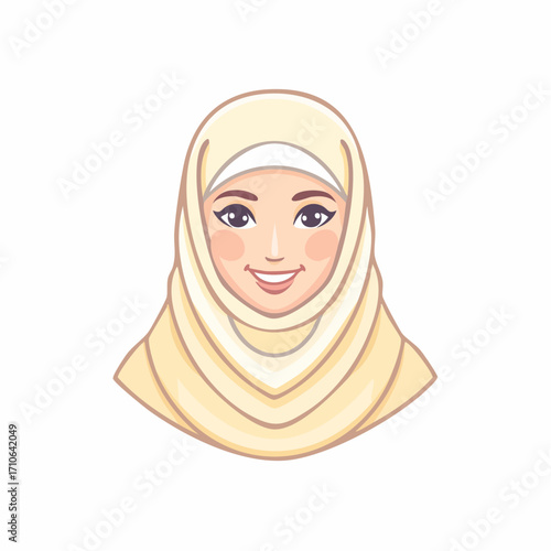 Happy young Muslim woman wearing a traditional headscarf smiling, diverse female portrait illustration